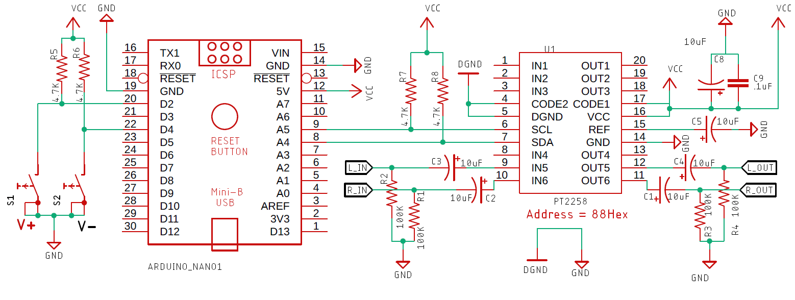 PT2258 control és Arduino nano kapcsolási rajz